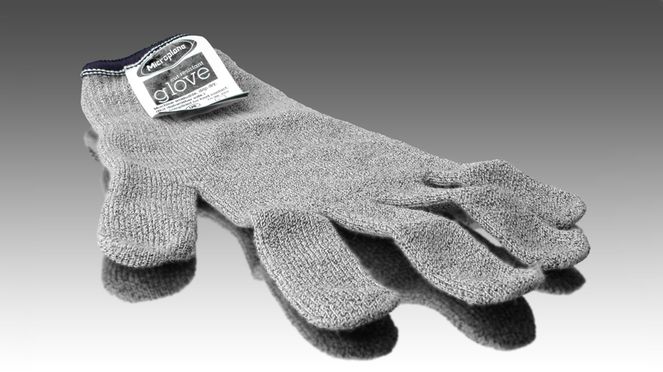 
                    The protective glove is made from cut resistant fibres