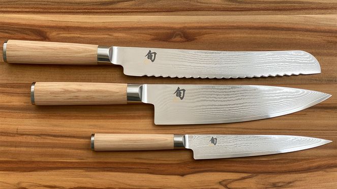 
                    Shun White Chef's Knife with bread knife and utility knife