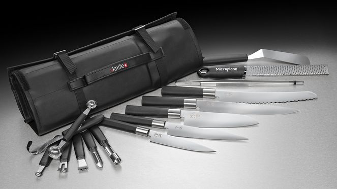 
                    Knife bag apprentice with Wasabi knives and kitchen accessories