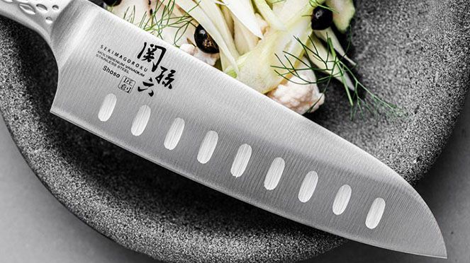 
                    Shoso Santoku hollow ground blade detail