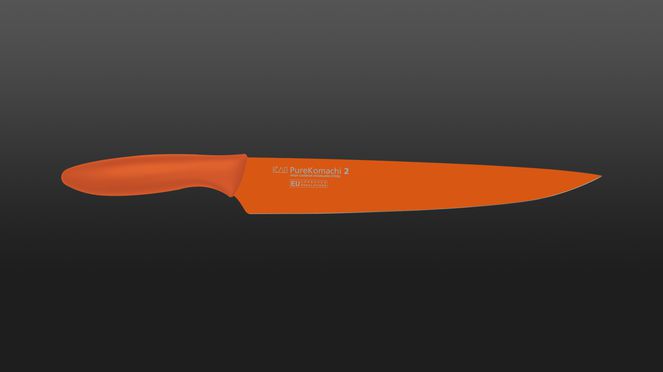 
                    orange slicing knife with steel blade with non-stick coating