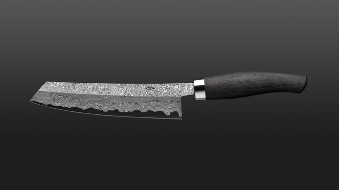 
                    Couteau de cuisine damassé est avec arrête de coupe.