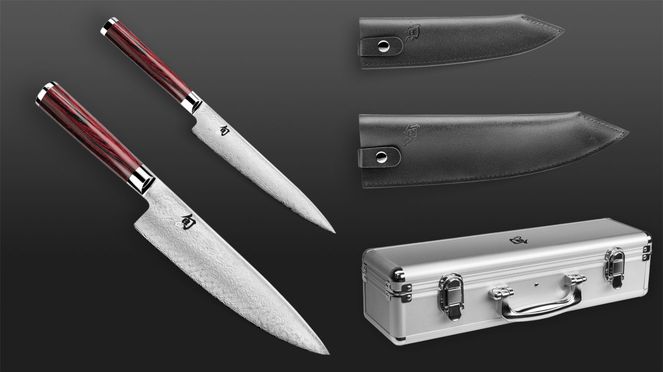 
                    Set de luxe Shun Kohen Anniversary avec un couteau de chef, un couteau universel, deux étuis en cuire et mallette aluminium