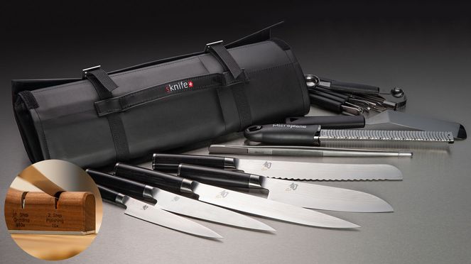 
                    Messertasche Shun mit Kai Shun Messern, sknife Schleifgerät und Küchen-Accessoires
