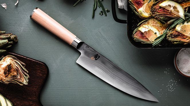 
                    Shun White Chef's Knife with pale pakka wood handle