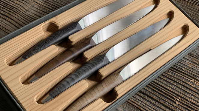 
                    sknife assorted table knife set: custom knife in four wood variations