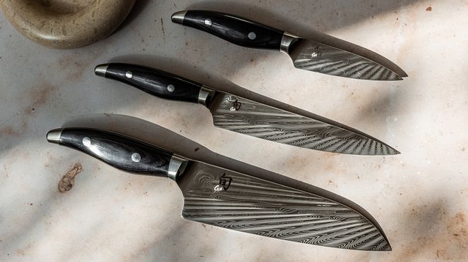 
                    Nagare Black Santoku with a blade with exceptionally long-lasting cutting performance