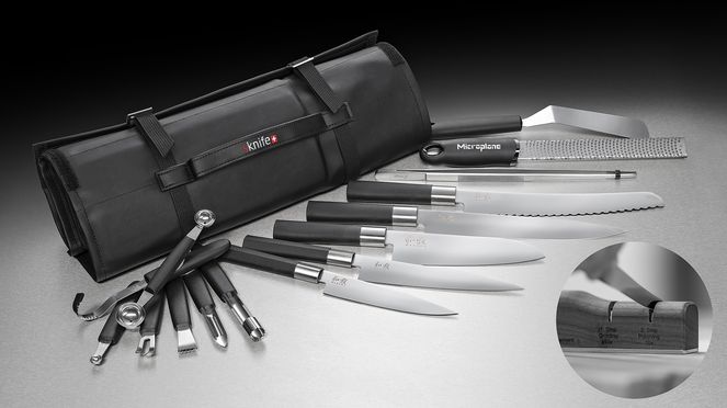 
                    Messerkoffer Lehrling mit Kai Wasabi Messern, sknife Schleifgerät und Küchenaccessoires