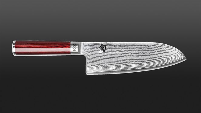 
                    Shun Classic Red Santoku with damask blade and red-grained pakka wood handle